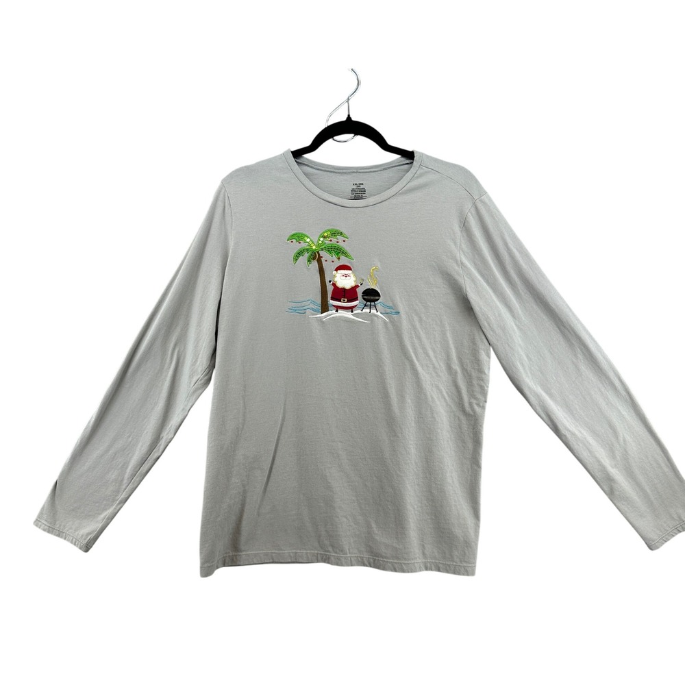 XXL Light Gray Santa Palm Tree Beach Graphic Long Sleeve T Shirt Women Christmas